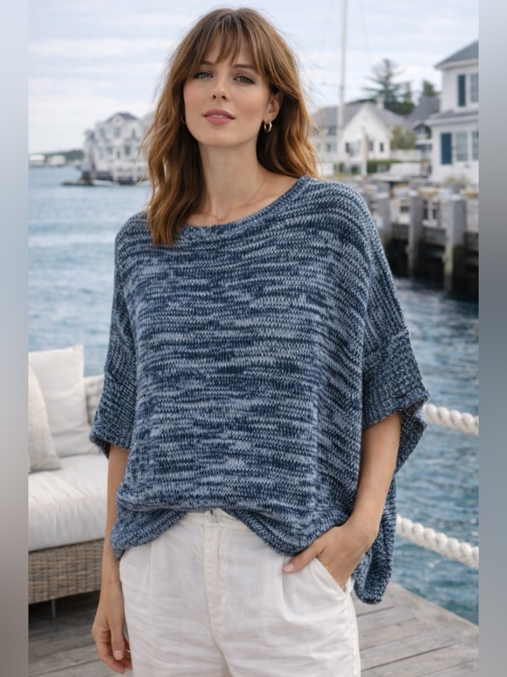 Vintage Blair Blue Marled Knit Poncho Sweater Oversized Small Cozy Button Detail